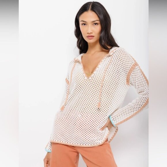 LISA TODD Crochet Beach Hoodie Pink White Size Medium - Picture 7 of 8